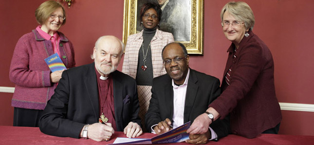 February 2012: The Chair of Operation Noah, Dr Isabel Carter (far right) shows ON’s Ash Wednesday Declaration to signees, Rt Rev Richard Chartres, Bishop of London (seated left) and Rev Joel Edwards, International Director of Micah Challenge (seated right). Looking on are Sister Louisa Poole of the Catholic Bishops Conference (far left) and Triumph Ayo-Isegun, leader of the Methodist Church’s work on climate change.