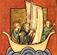 Medieval manuscript showing St Cuthbert in a boat.